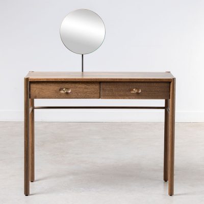 Two drawer desk in fumed oak and oak veneer, turned legs, visible grain, round style brass recessed handles, round mirror